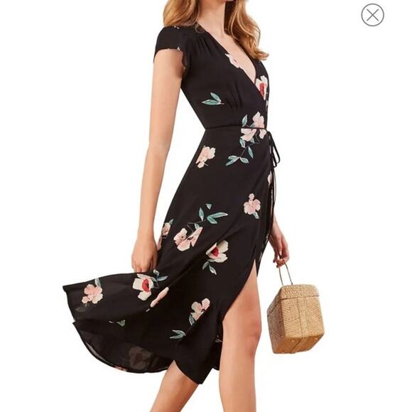 Reformation Carina Wrap Dress Womens Size Medium Black Floral Print Crepe Midi - Picture 1 of 10